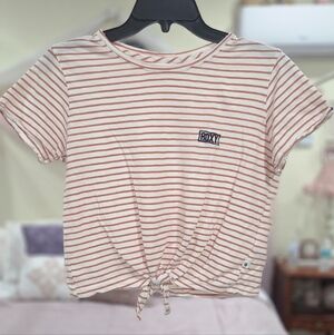 Roxy Cream and Coral Striped Tie-Front Crop Tee